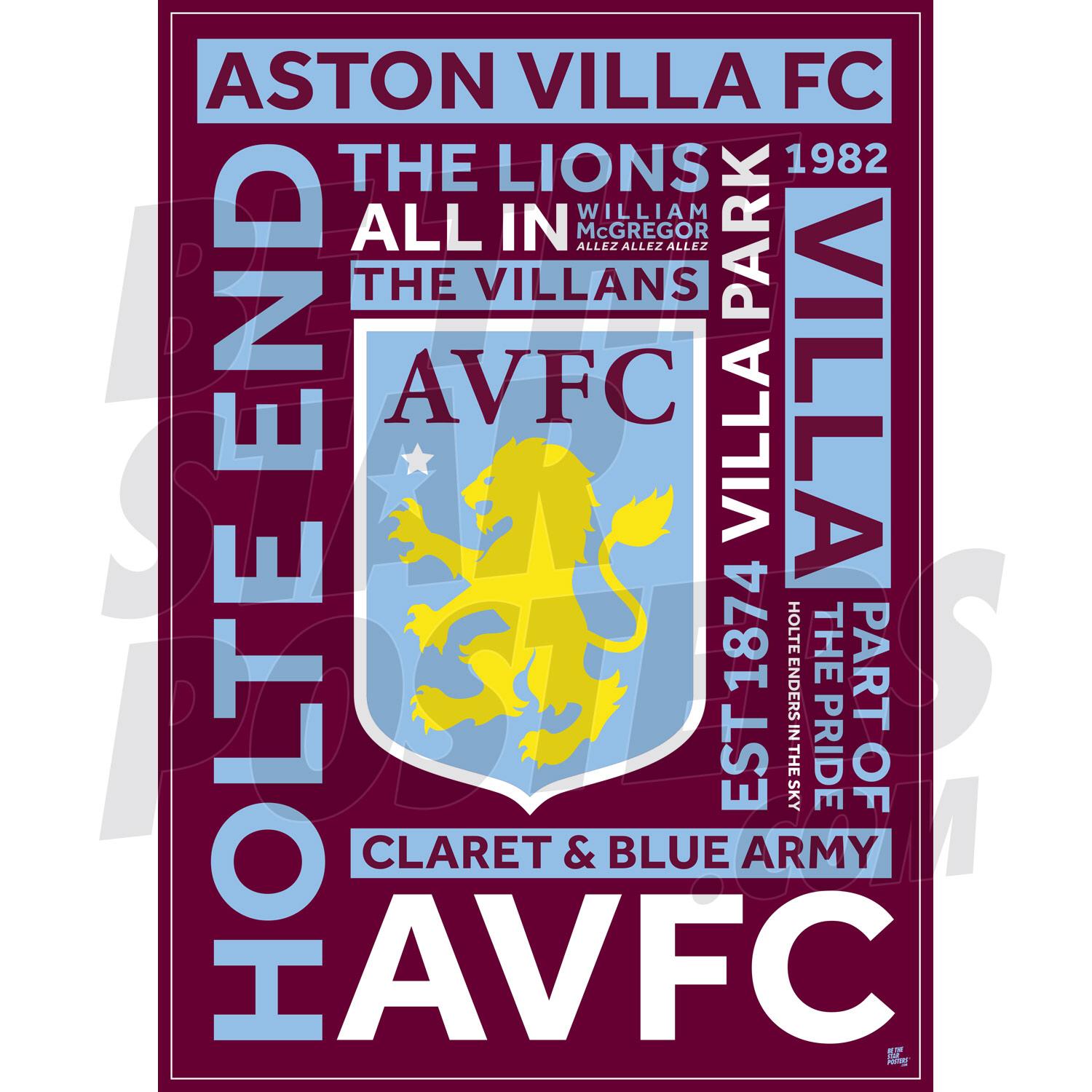 Aston Villa FC Old Crest Word Poster