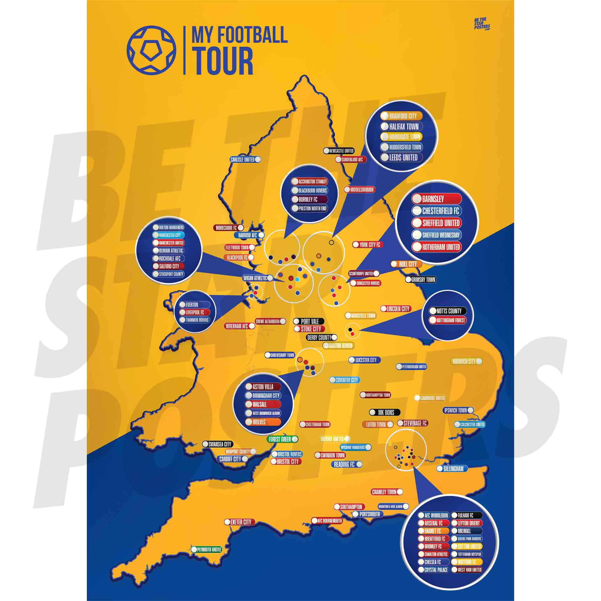 My Football Tour Map A2 Poster - Amber / Blue