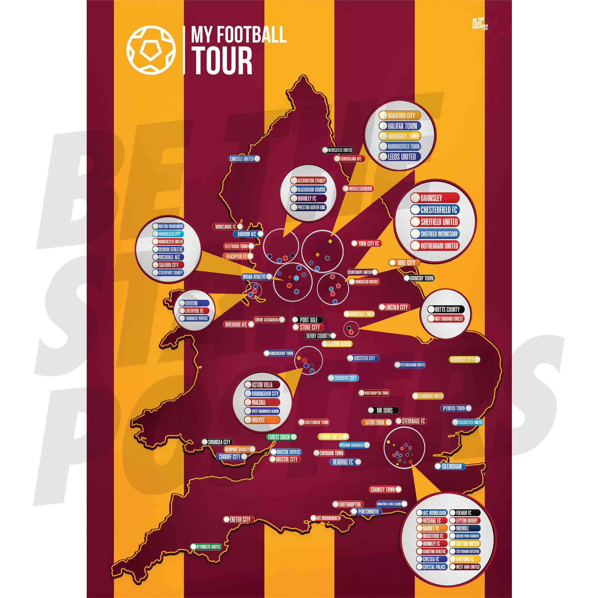 My Football Tour Map A2 Poster - Amber / Claret