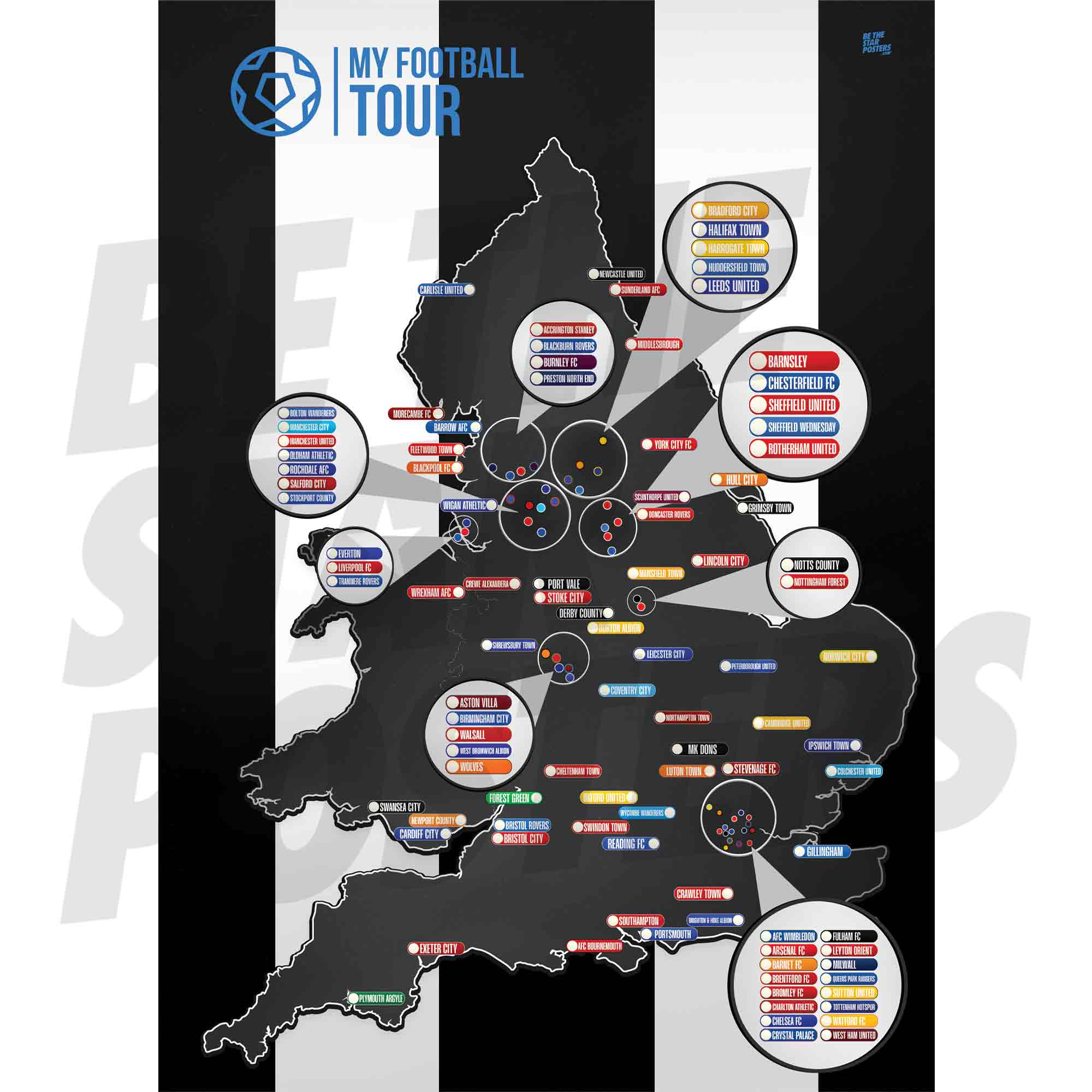 My Football Tour Map A2 Poster - Black / White Stripes