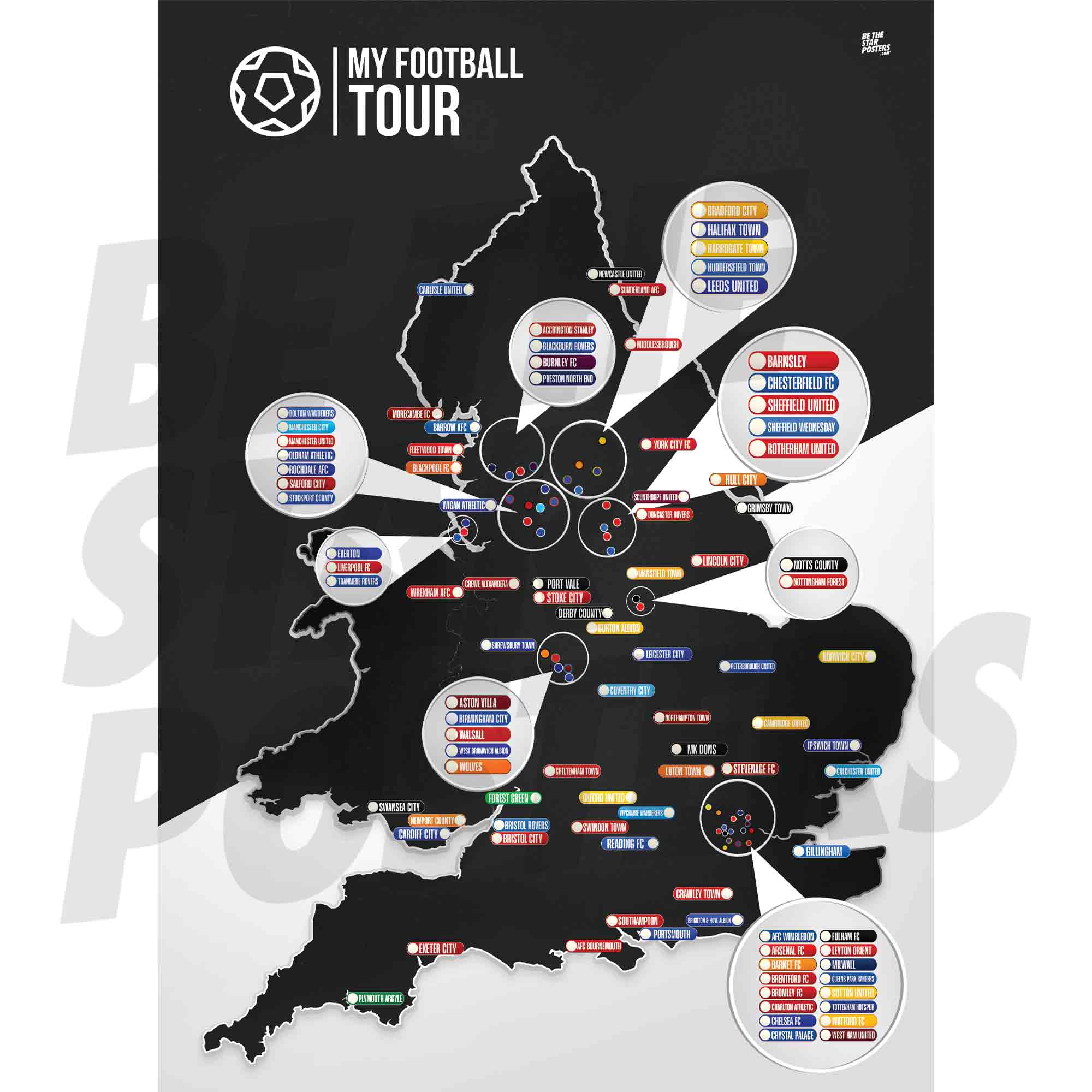 My Football Tour Map A2 Poster - Black / White