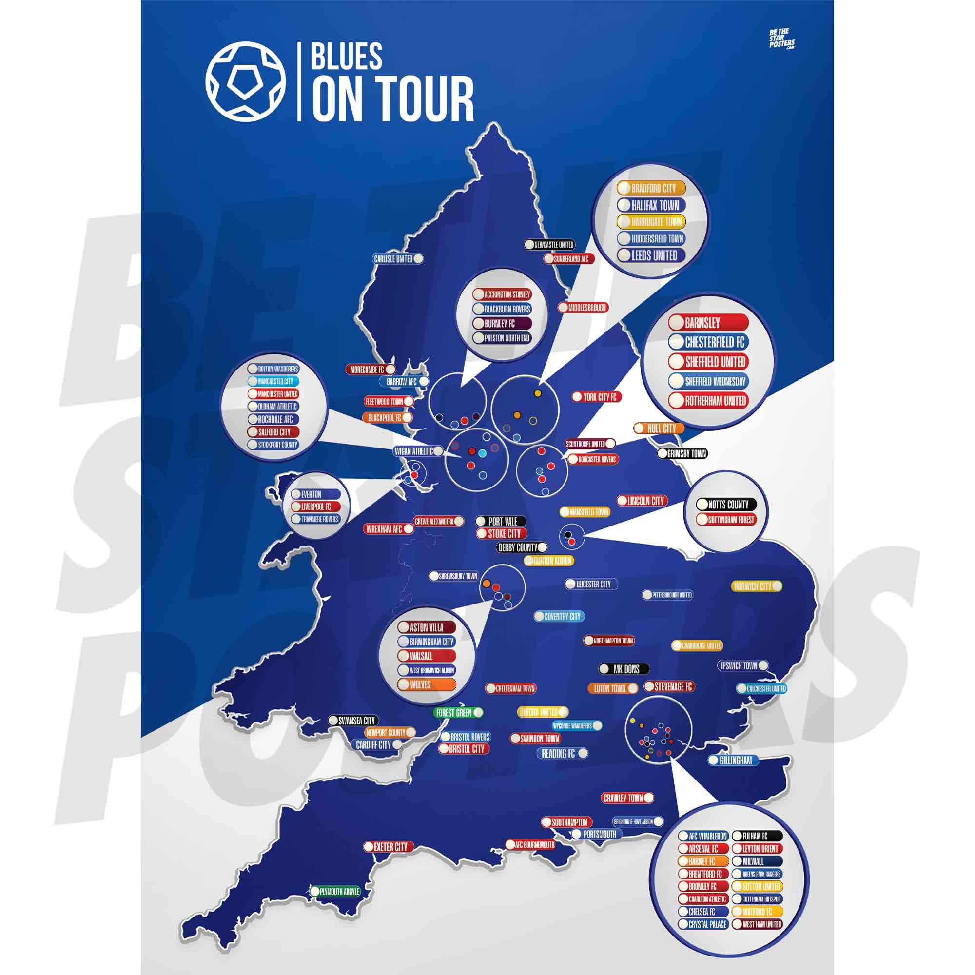 My Football Tour Map A2 Poster - Blue / White - Blues On Tour