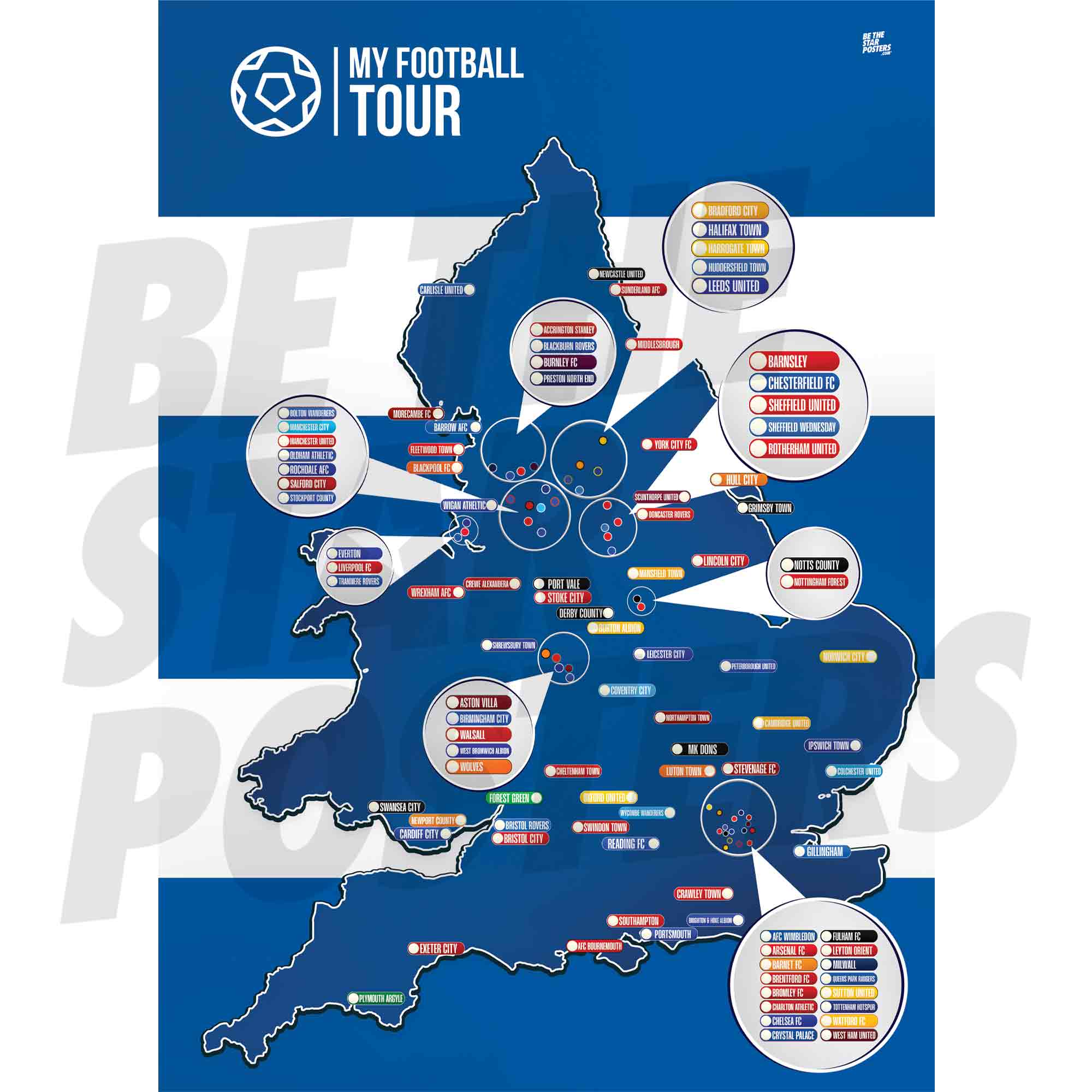 My Football Tour Map A2 Poster - Blue / White Hoops