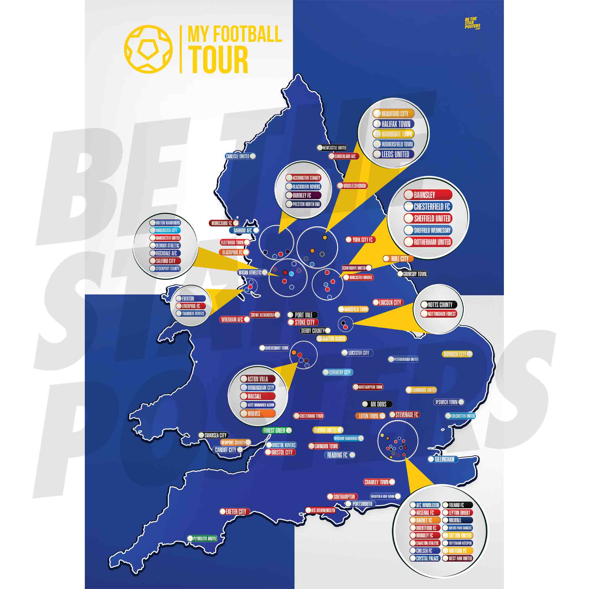 My Football Tour Map A2 Poster - Blue / White Quarters
