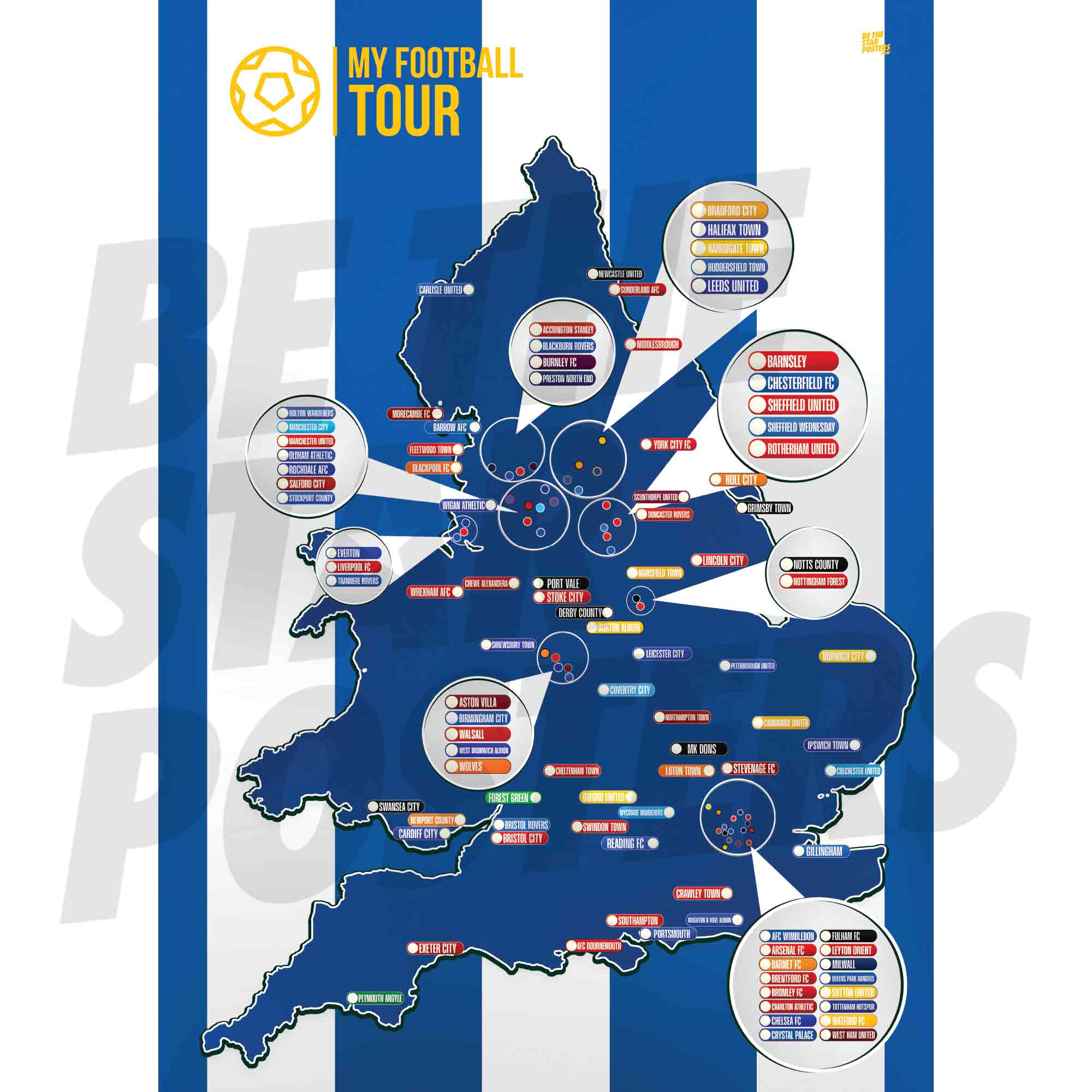 My Football Tour Map A2 Poster - Blue / White Stripes