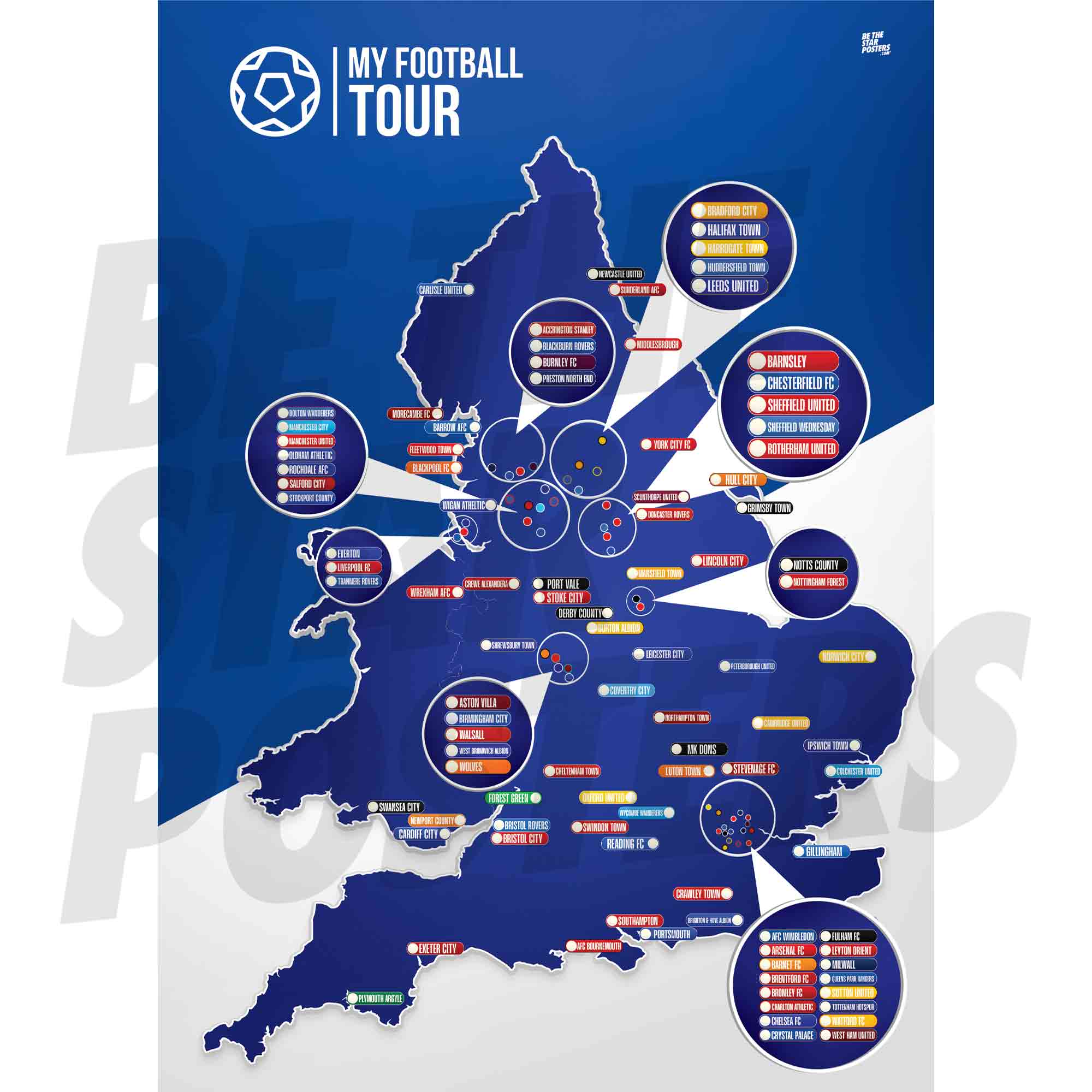 My Football Tour Map A2 Poster - Blue / White