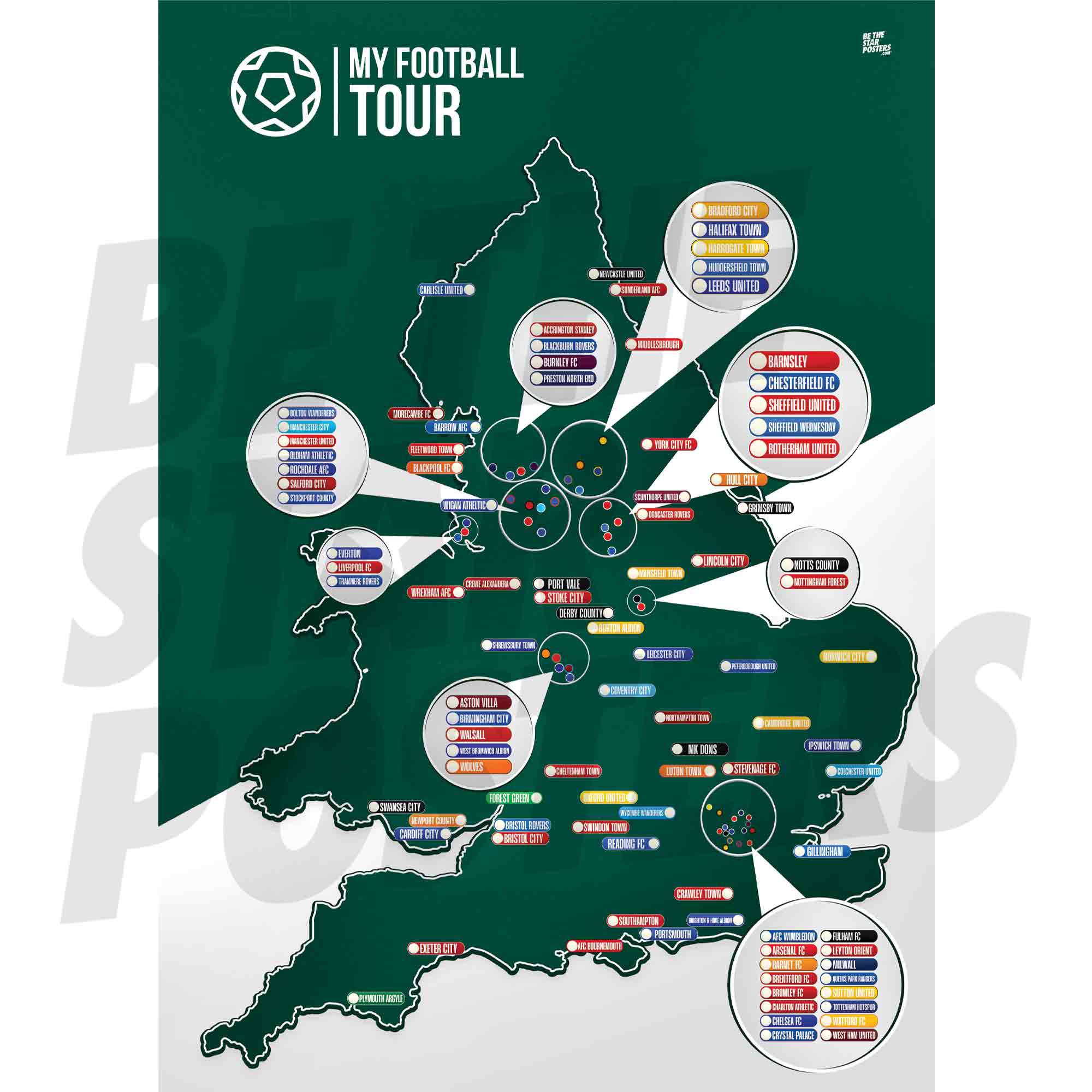 My Football Tour Map A2 Poster - Green / White