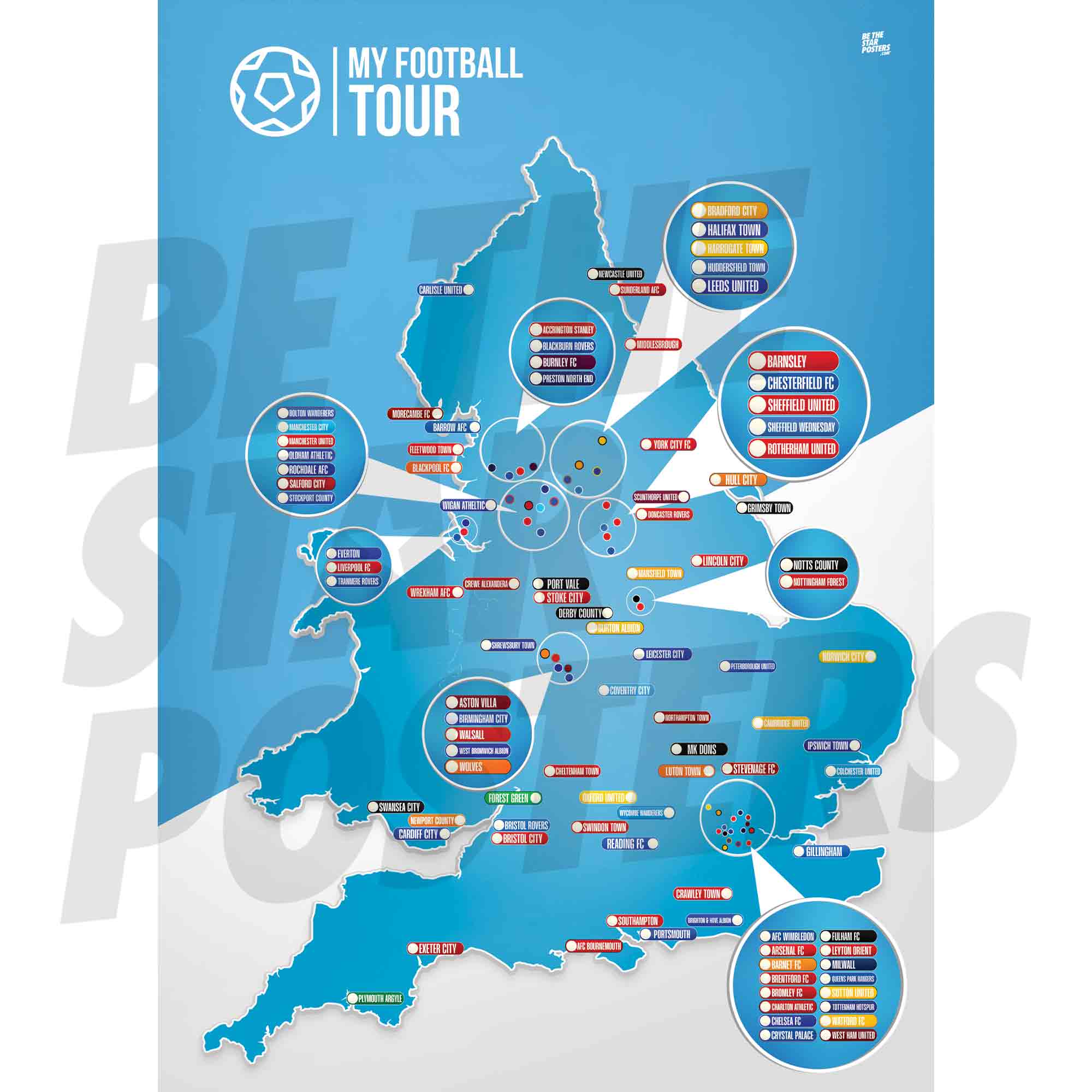 My Football Tour Map A2 Poster - Sky Blue / White