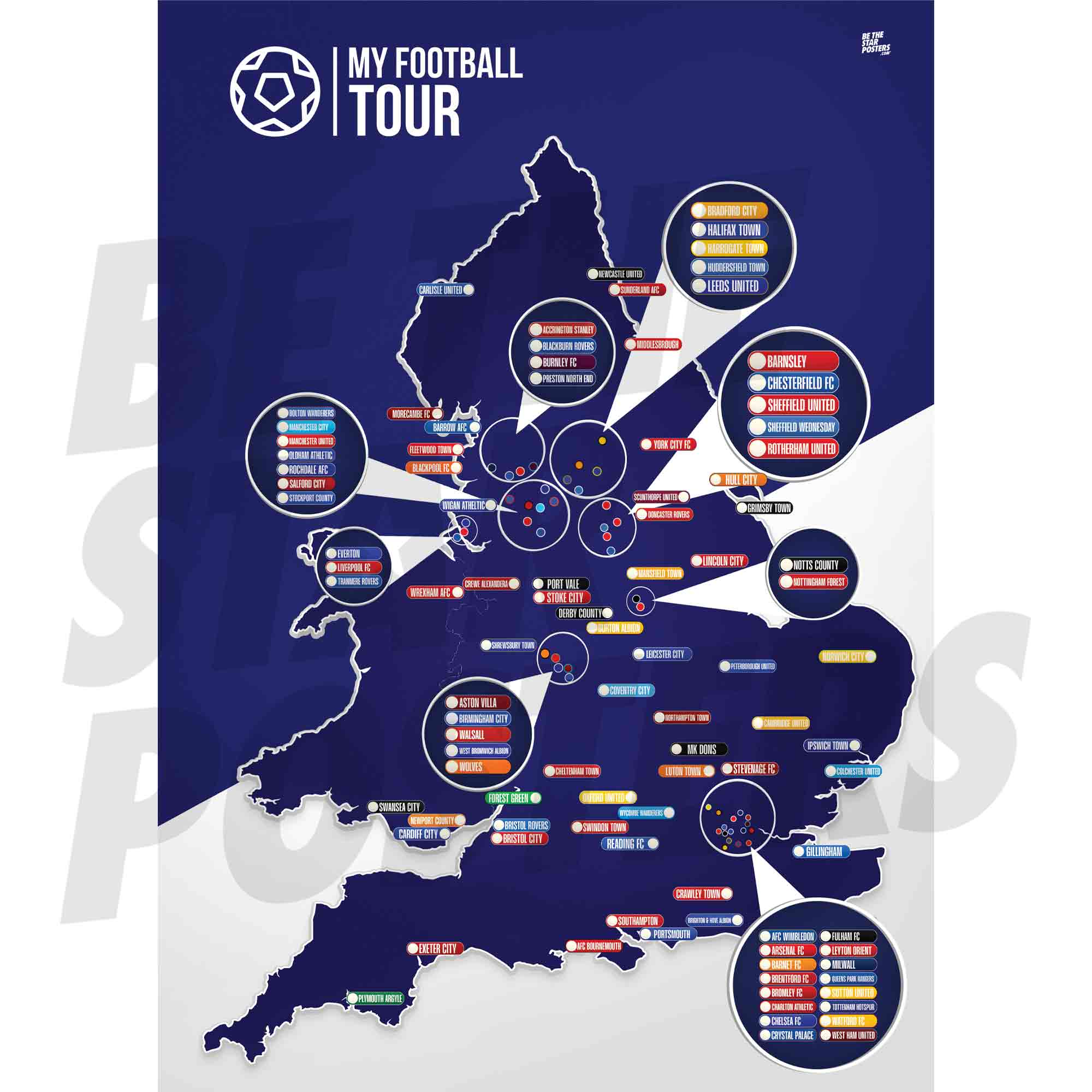 My Football Tour Map A2 Poster - Navy / White
