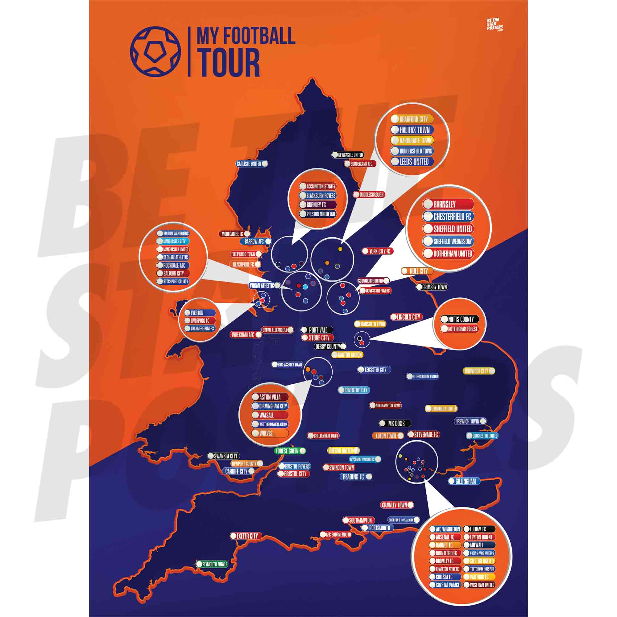 My Football Tour Map A2 Poster - Orange / Navy