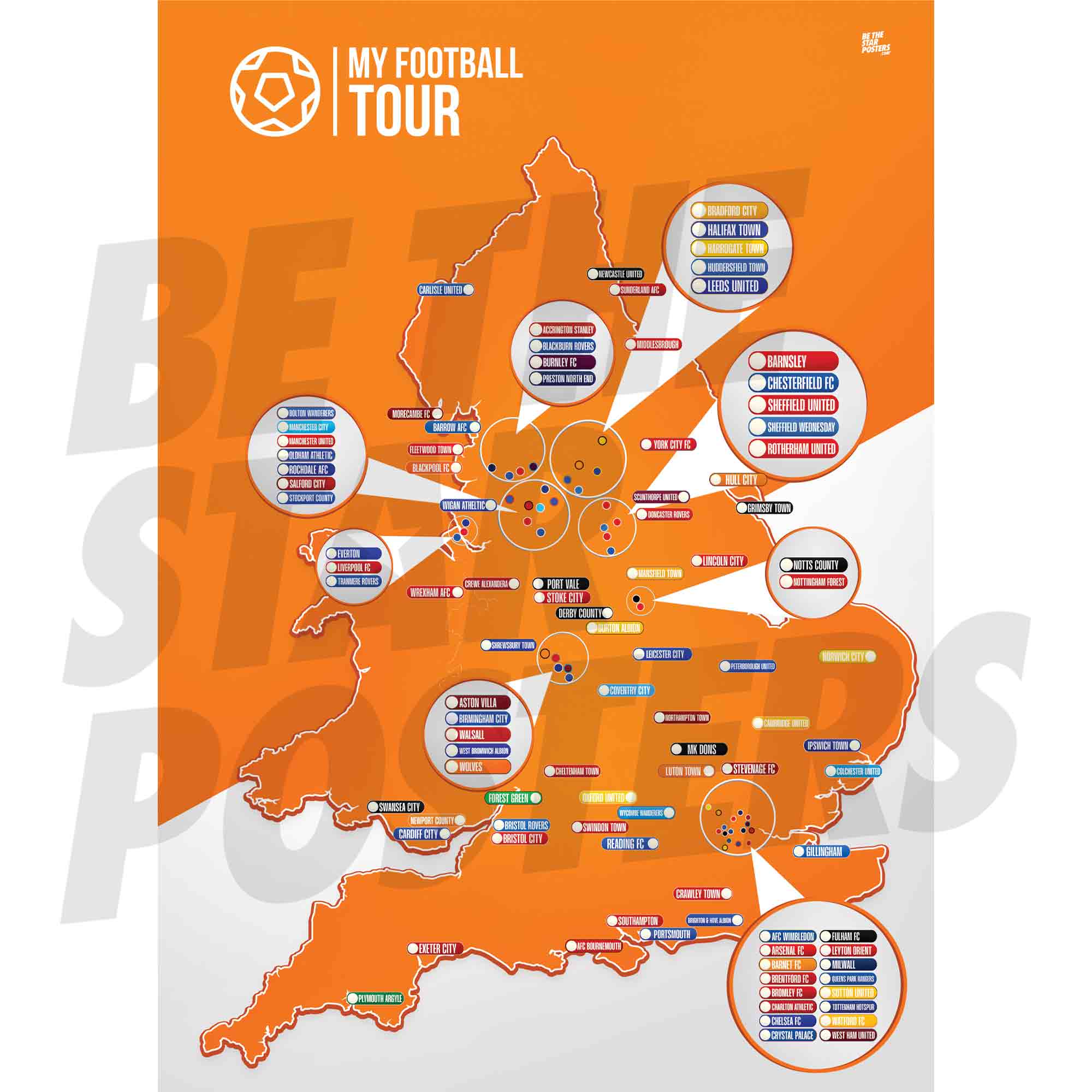 My Football Tour Map A2 Poster - Orange / White