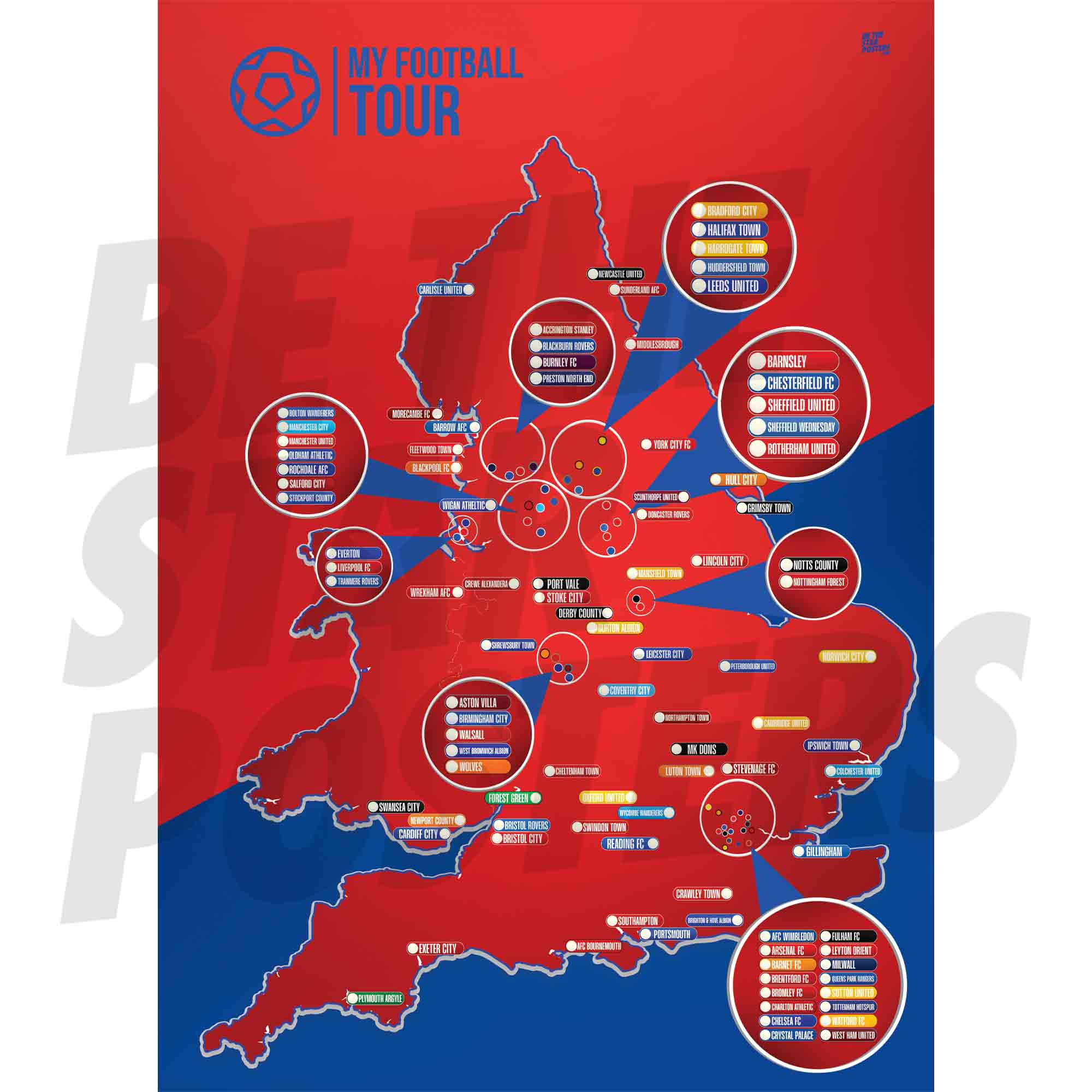 My Football Tour Map A2 Poster - Red / Blue