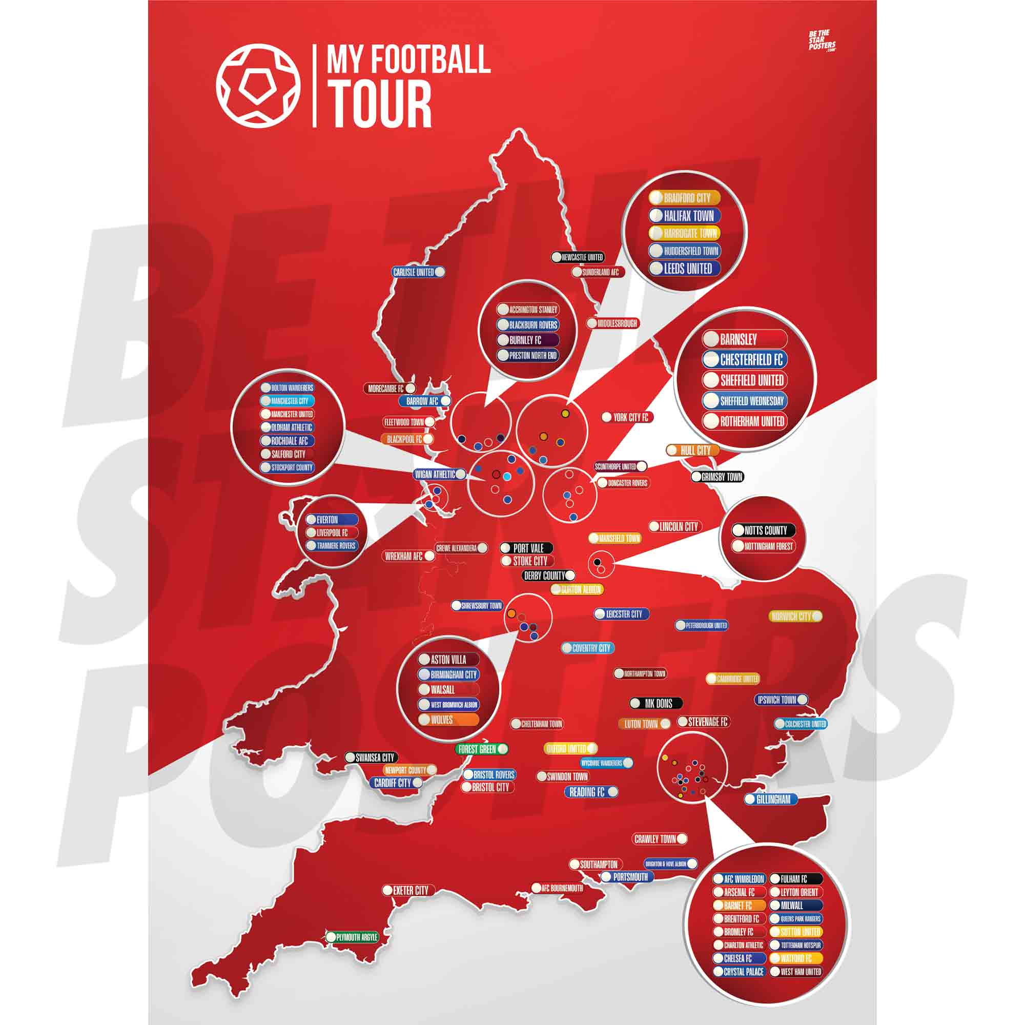 My Football Tour Map A2 Poster - Red / White