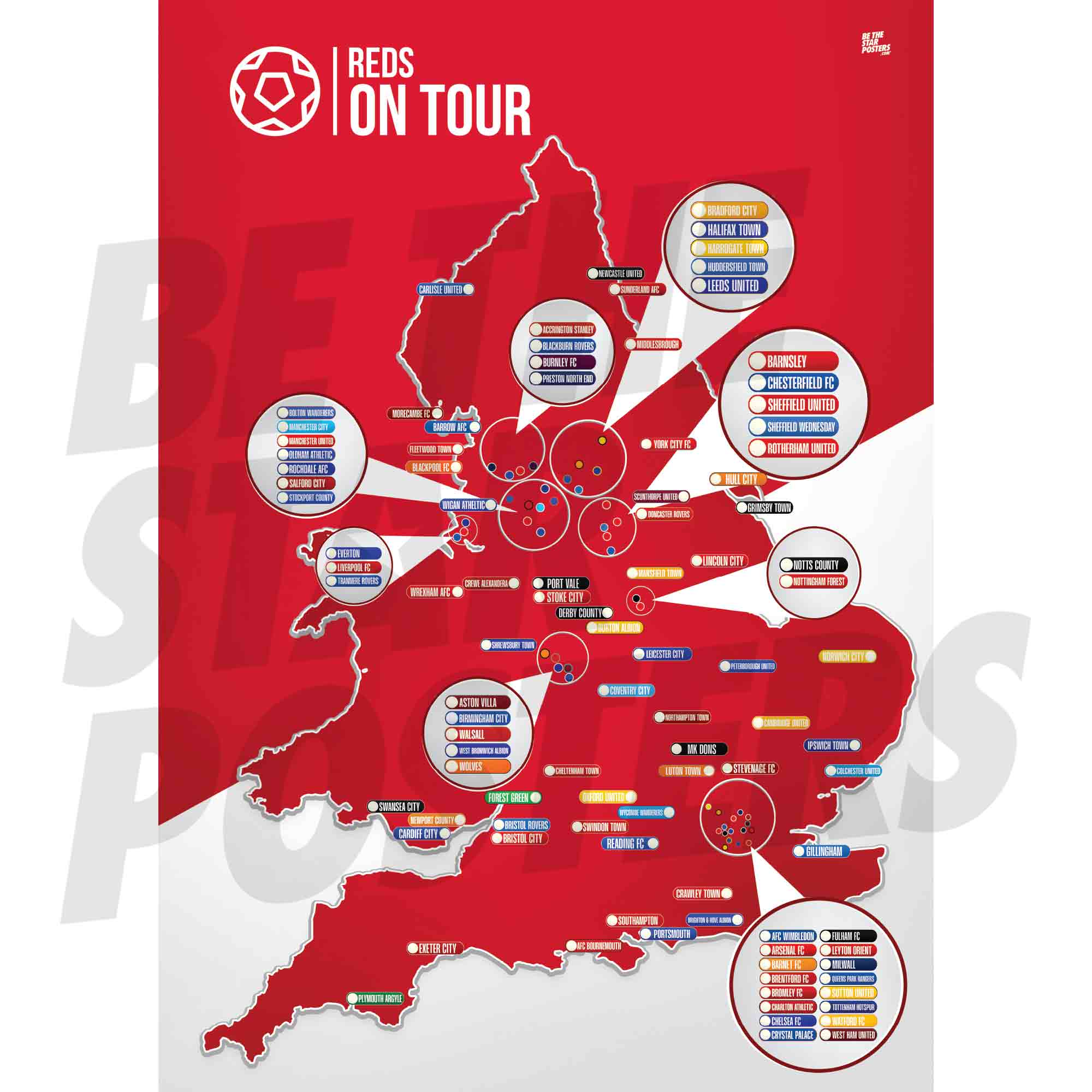 My Football Tour Map A2 Poster - Red / White - Reds On Tour