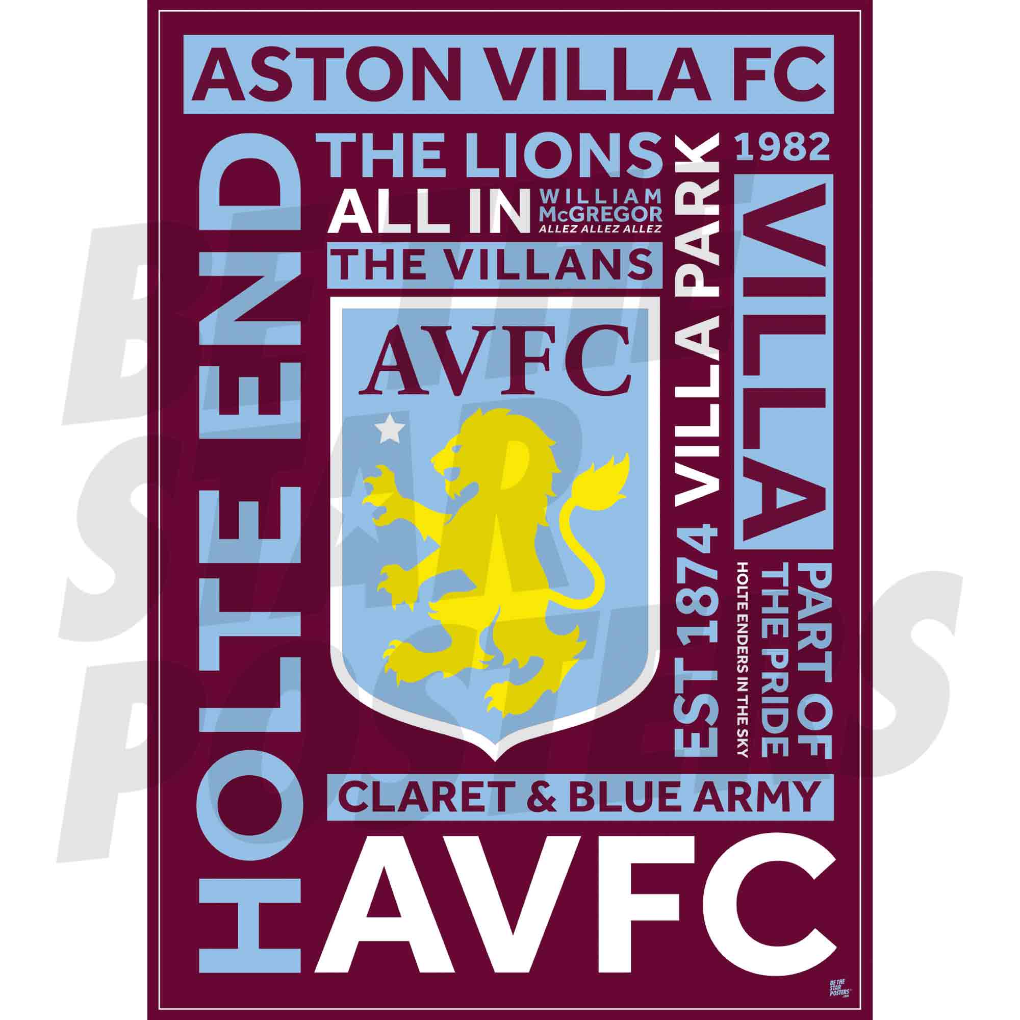 Aston Villa FC Old Crest Word Poster