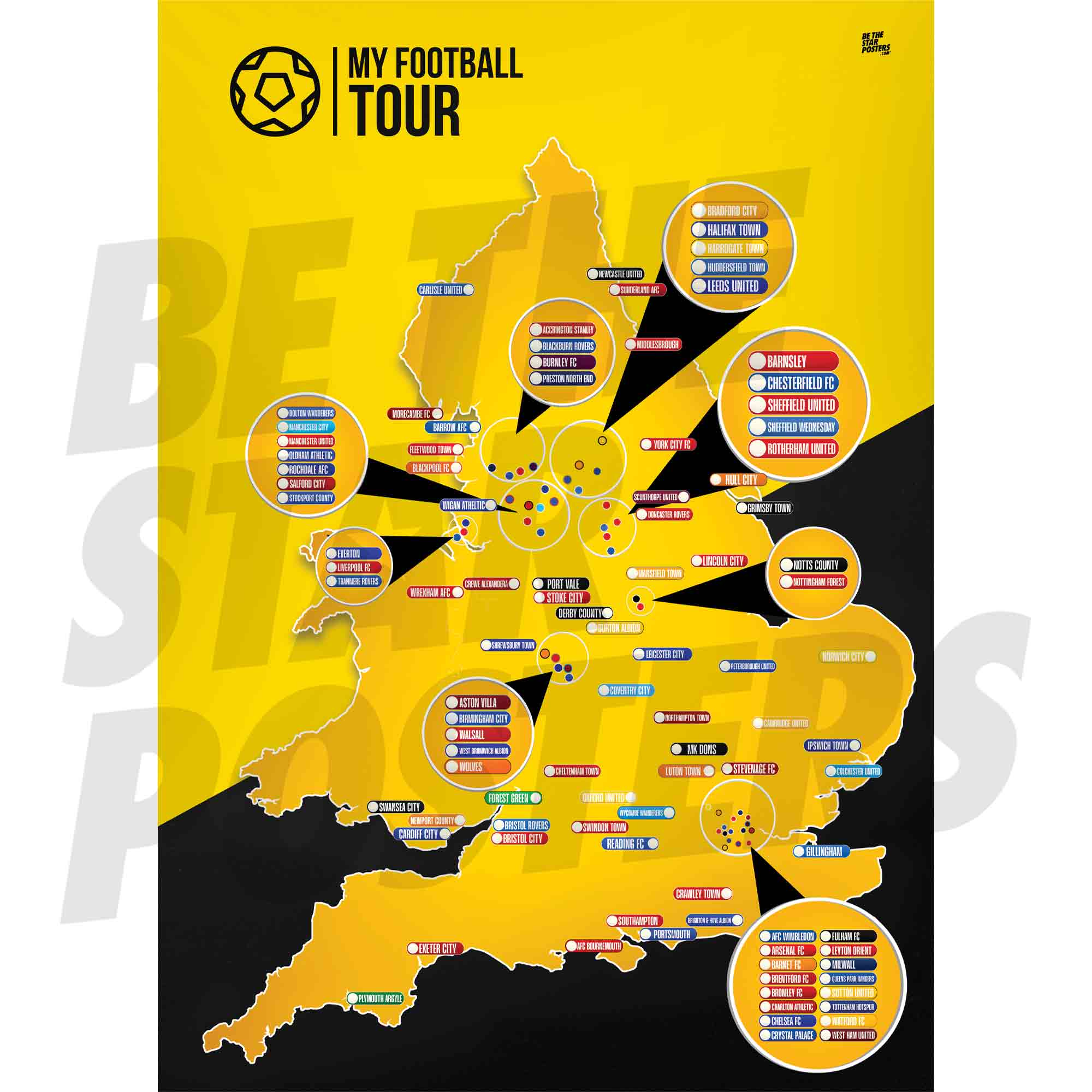 My Football Tour Map A2 Poster - Yellow / Black