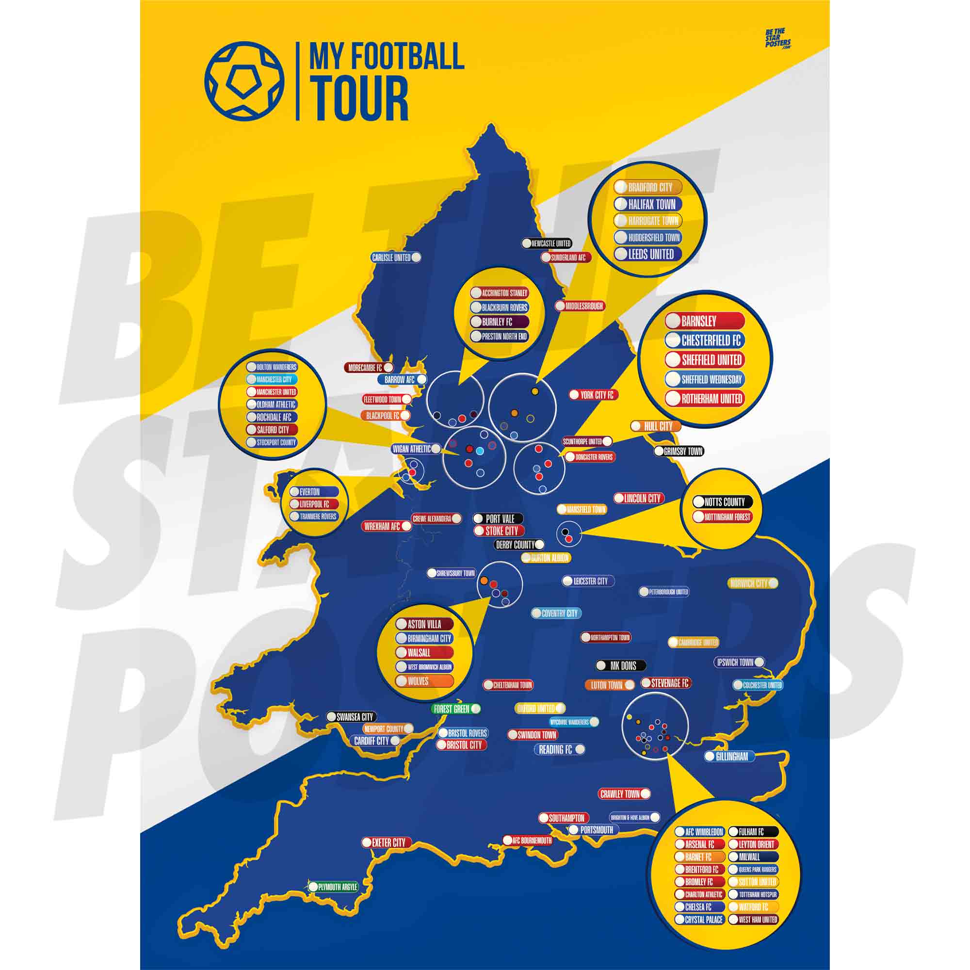 My Football Tour Map A2 Poster - White / Blue / Yellow
