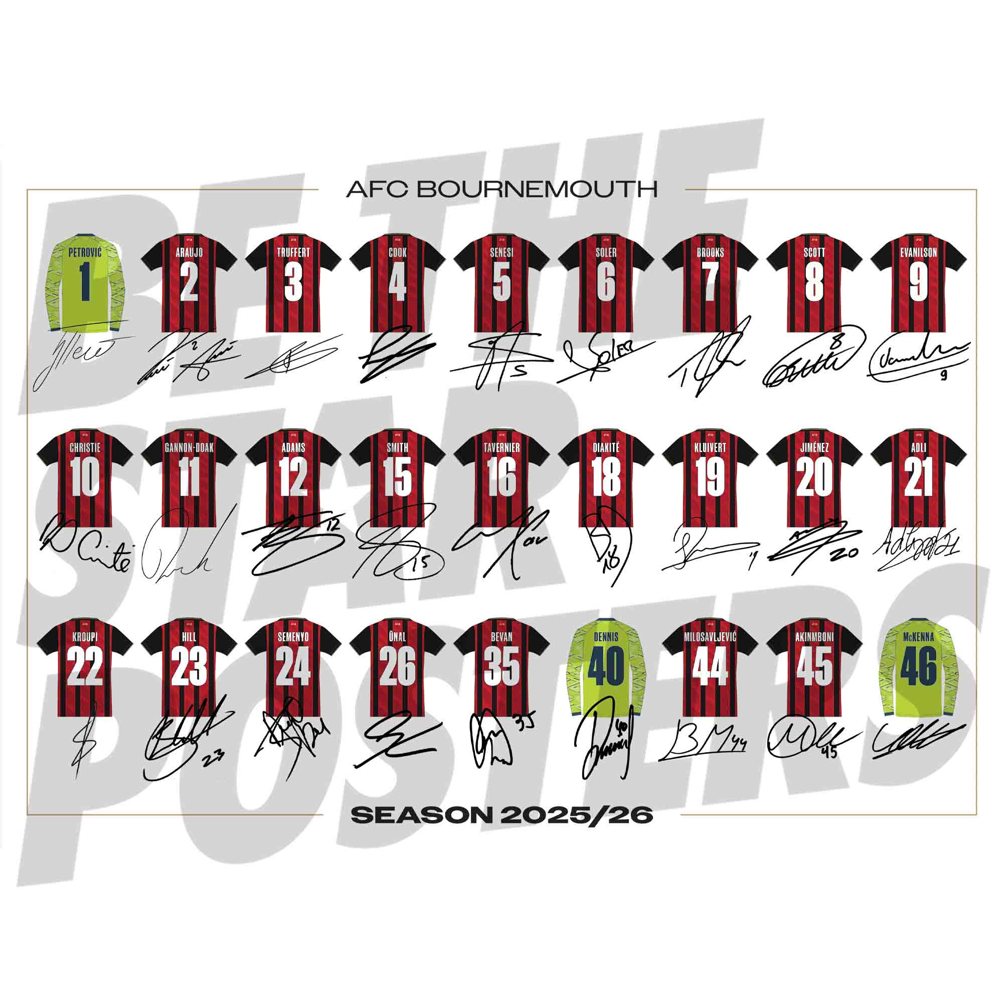 AFC Bournemouth 25/26 Squad Signed Shirt Poster