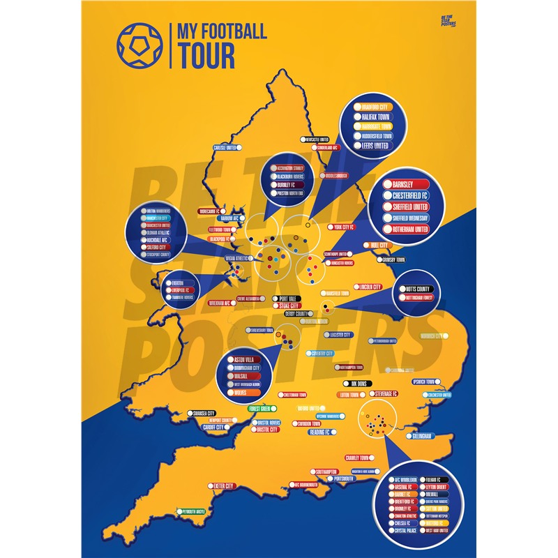 My Football Tour Map A2 Poster - Amber / Blue