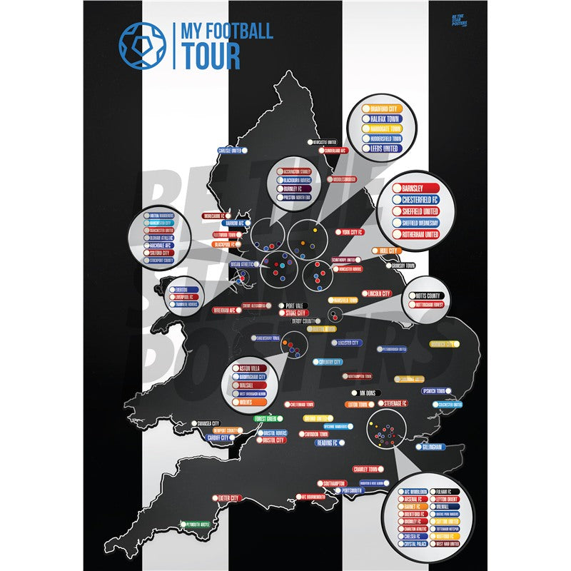 My Football Tour Map A2 Poster - Black / White Stripes