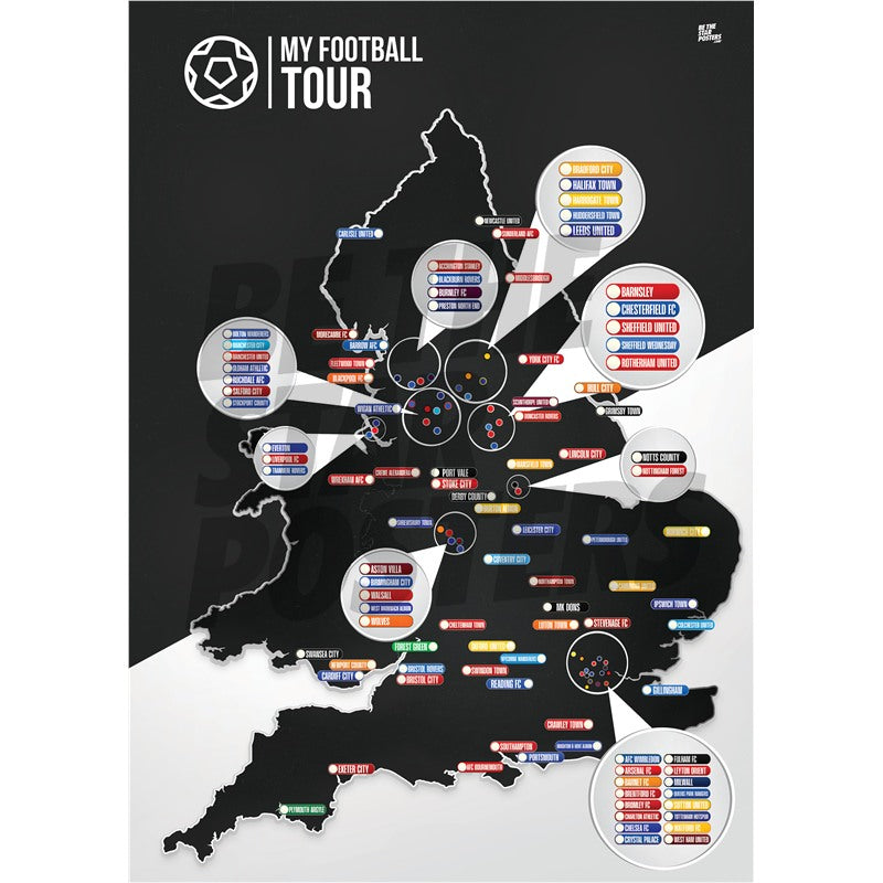 My Football Tour Map A2 Poster - Black / White
