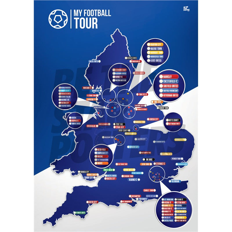 My Football Tour Map A2 Poster - Blue / White