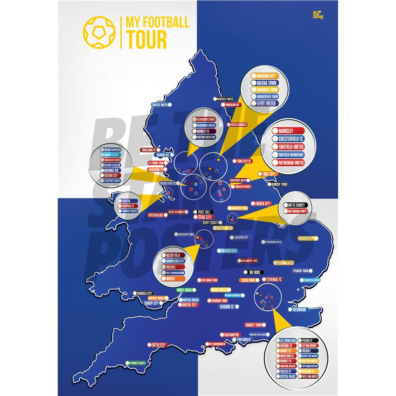 My Football Tour Map A2 Poster - Blue / White Quarters