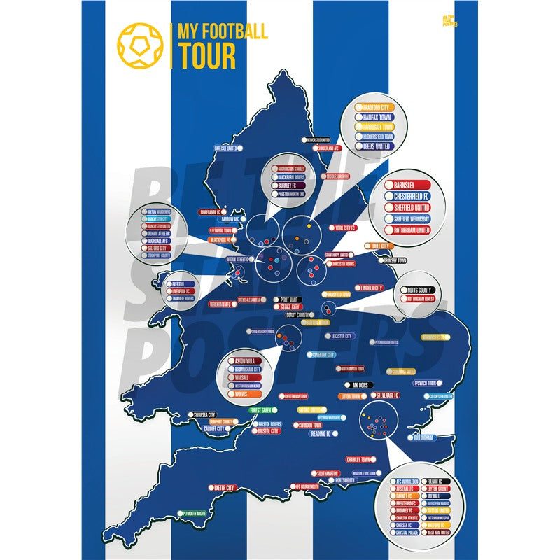 My Football Tour Map A2 Poster - Blue / White Stripes