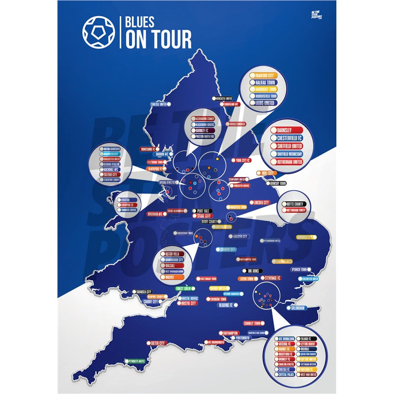 My Football Tour Map A2 Poster - Blue / White - Blues On Tour