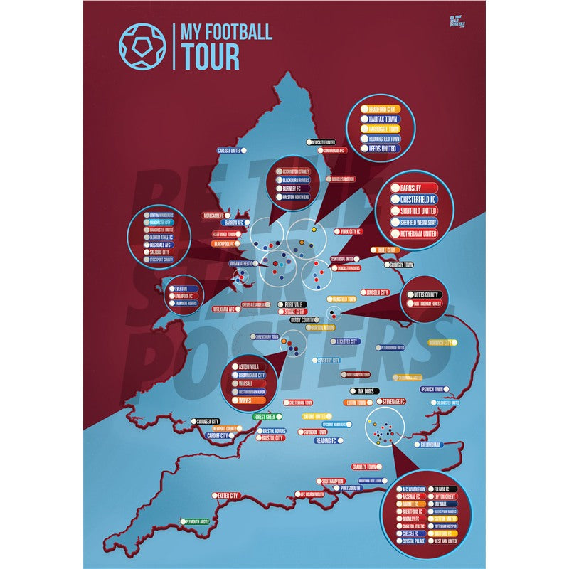 My Football Tour Map A2 Poster - Claret / Blue