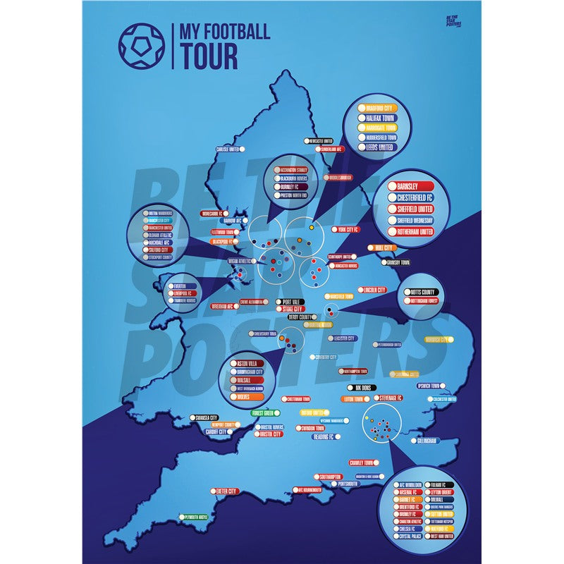 My Football Tour Map A2 Poster - Navy / Blue