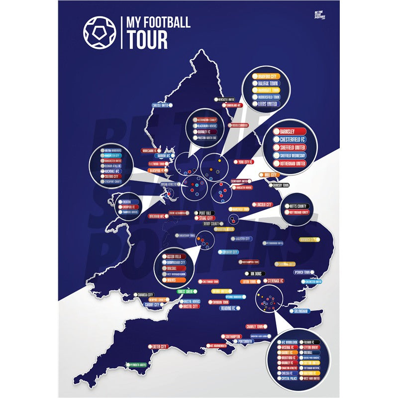 My Football Tour Map A2 Poster - Navy / White