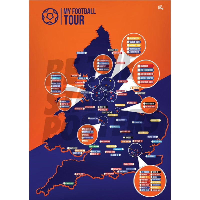 My Football Tour Map A2 Poster - Orange / Navy
