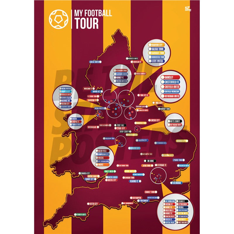 My Football Tour Map A2 Poster - Amber / Claret
