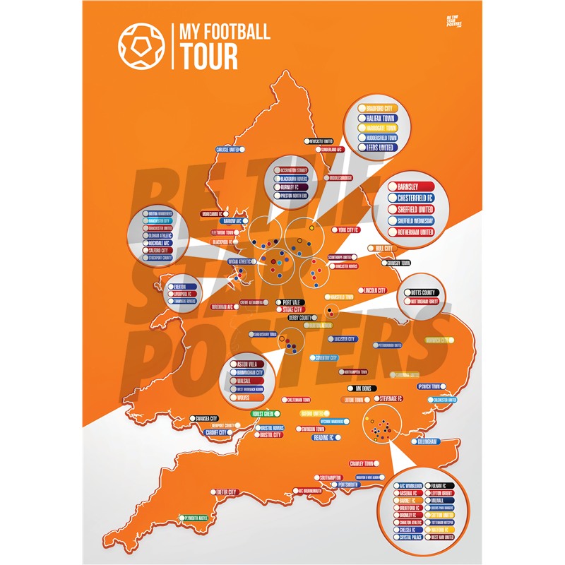 My Football Tour Map A2 Poster - Orange / White