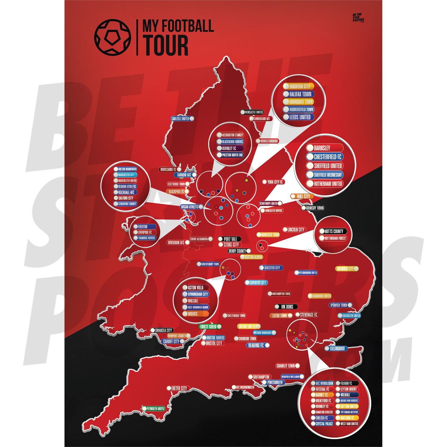 My Football Tour Map A2 Poster - Red / Black