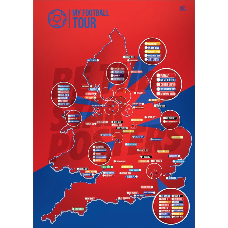 My Football Tour Map A2 Poster - Red / Blue
