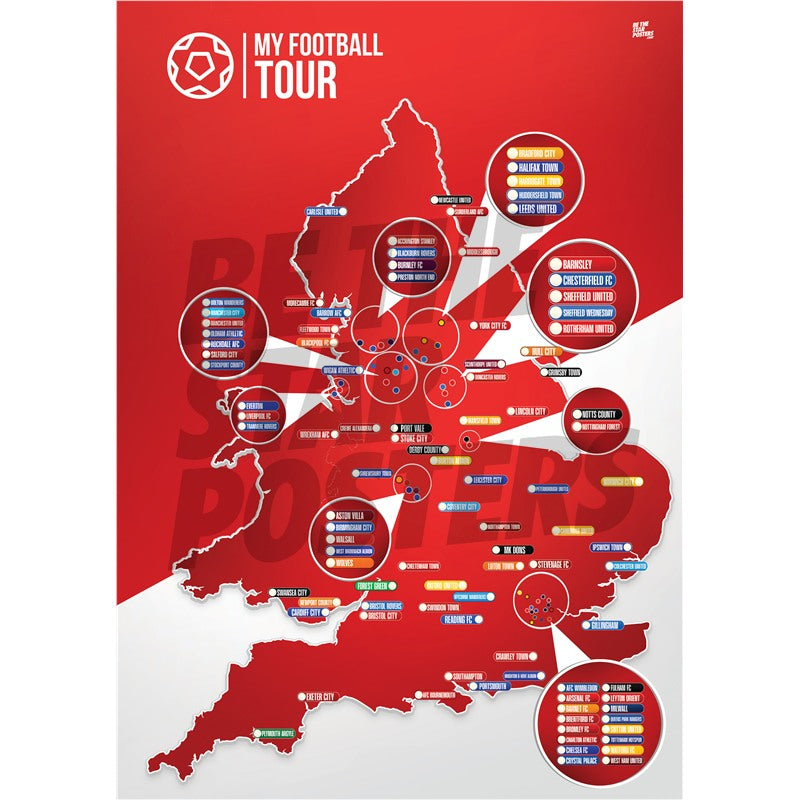 My Football Tour Map A2 Poster - Red / White