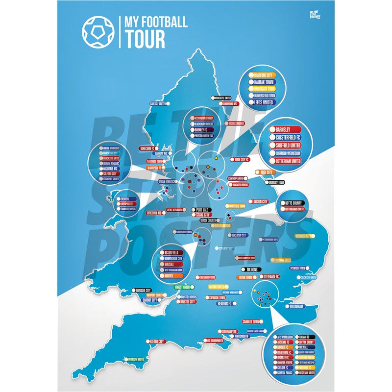 My Football Tour Map A2 Poster - Sky Blue / White
