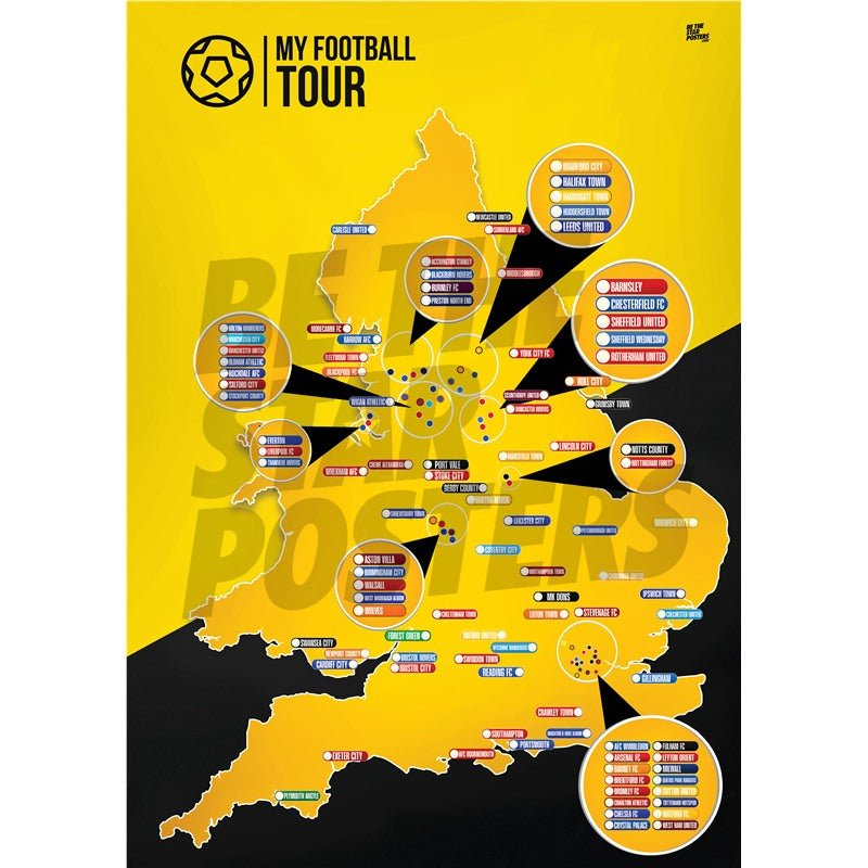 My Football Tour Map A2 Poster - Yellow / Black