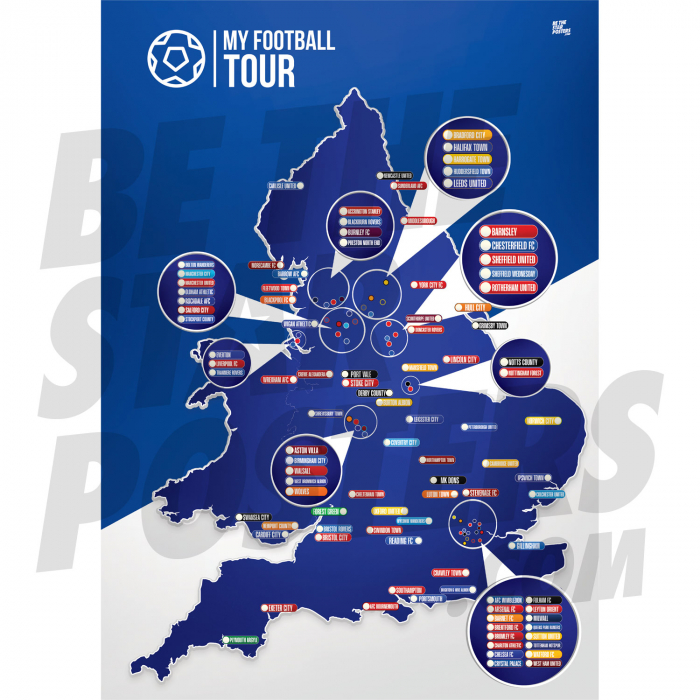 My Football Tour Map A2 Poster - Blue / White
